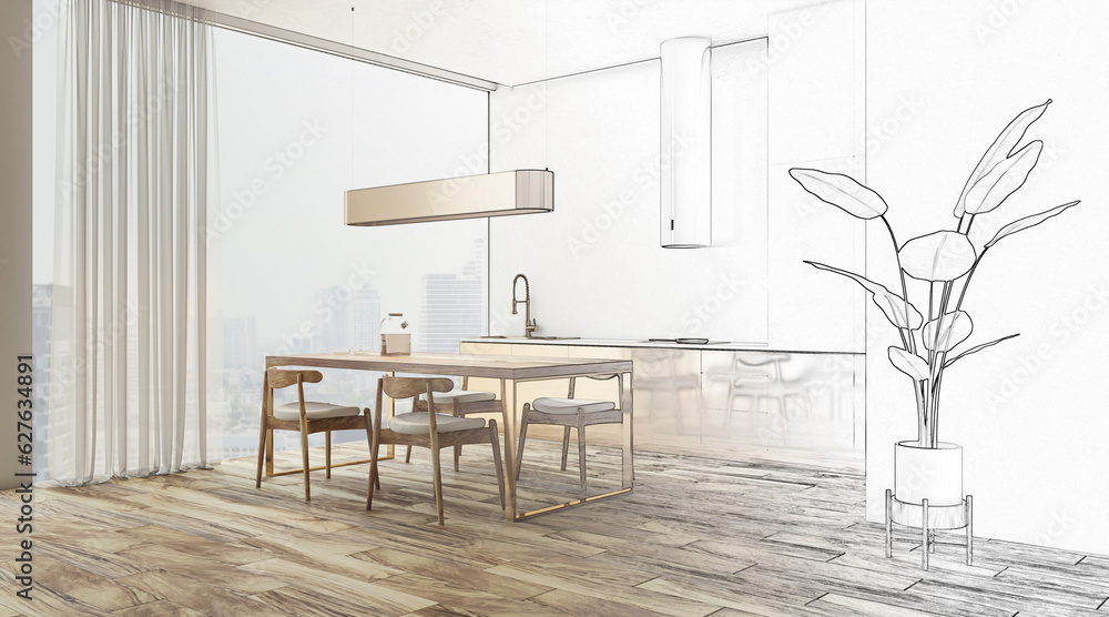 Drawing of golden and white kitchen interior with panoramic windows, curtains and furniture. 3D Rend