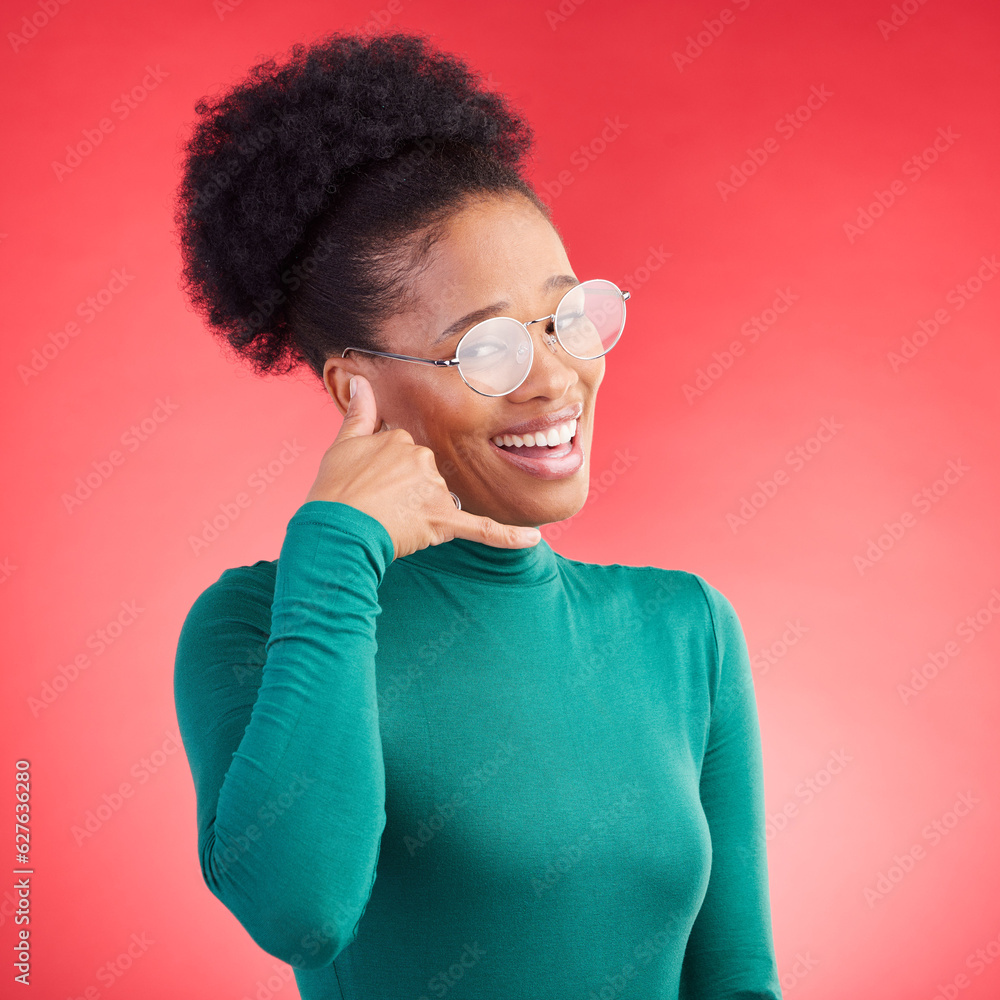 Call me, woman and portrait in studio with model and phone hand gesture for talk. Red background, ha