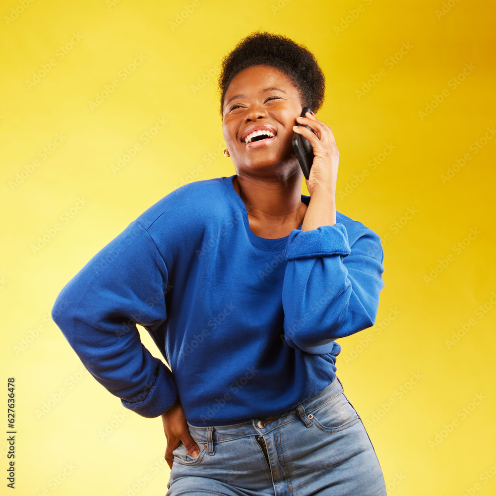 Happy, phone call and black woman in studio laugh, silly or share joke on yellow background. Funny, 