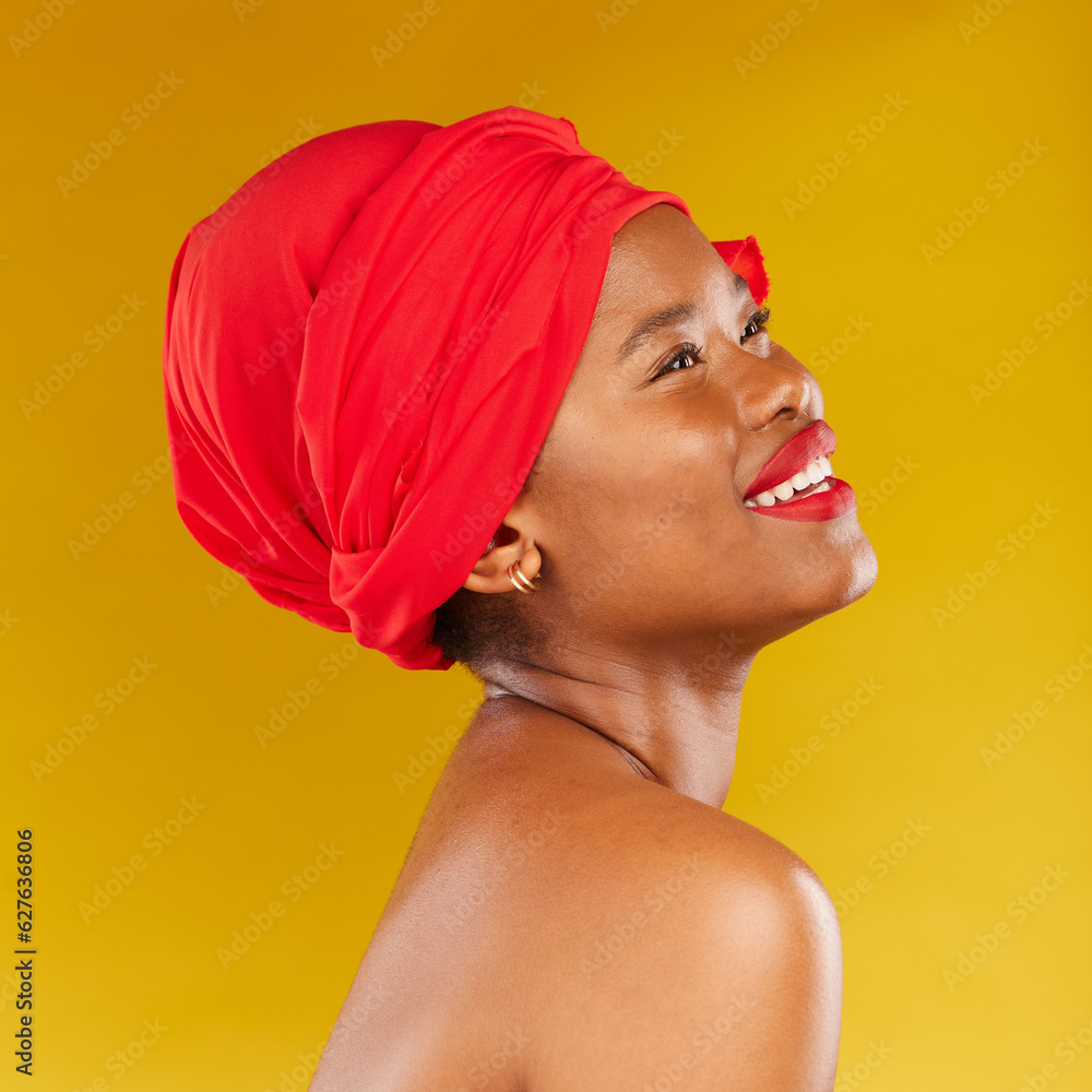 Beauty, thinking and African woman with makeup and head wrap with smile isolated in yellow studio ba