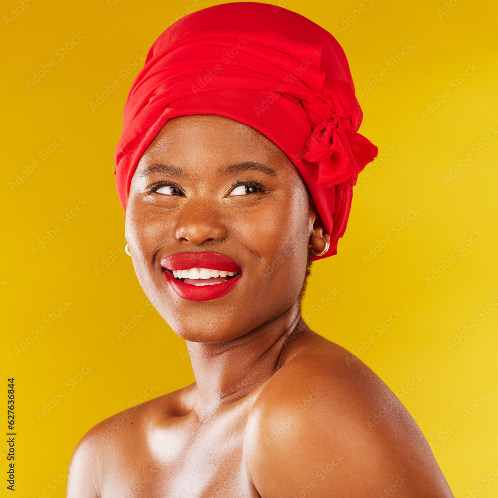 Beauty, thinking and black woman with makeup and head wrap with smile isolated in yellow studio back