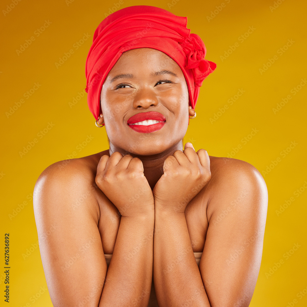 Beauty, excited and black woman with cosmetic makeup and head wrap with smile isolated in yellow stu