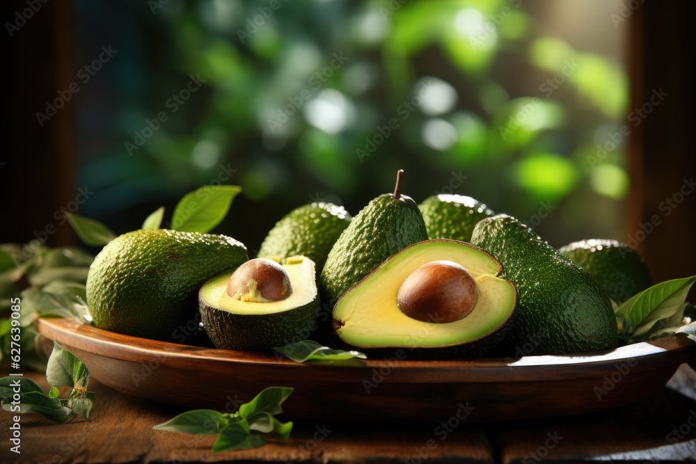 Organic avocado in a wooden box. Generative AI