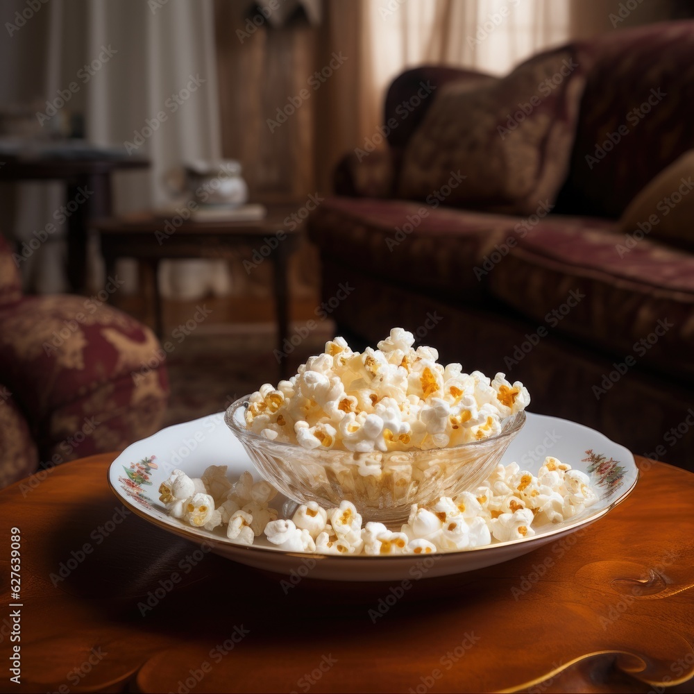 Popcorn in a bowl on the table. Generative AI