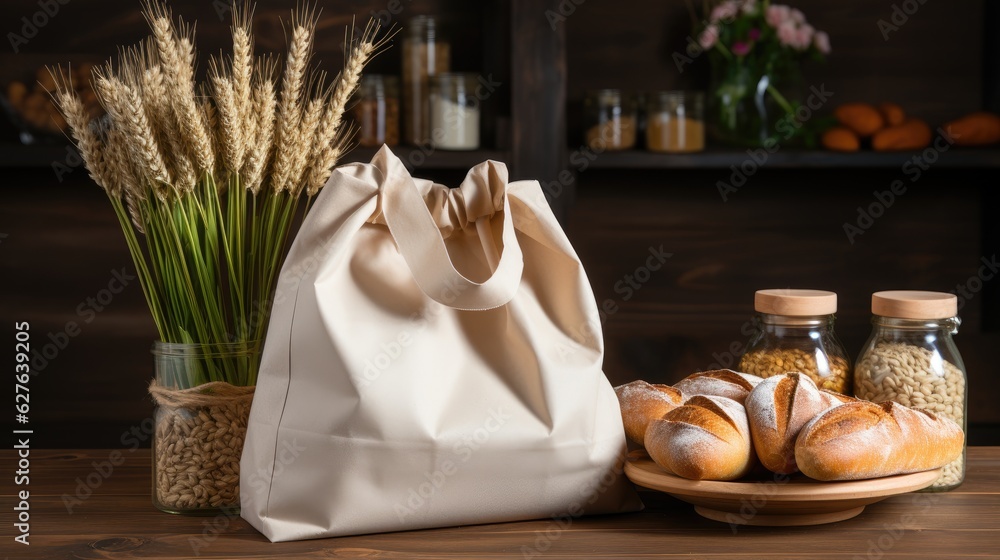 Eco bag with products fresh bread. Zero waste use less plastic concept. Generative AI