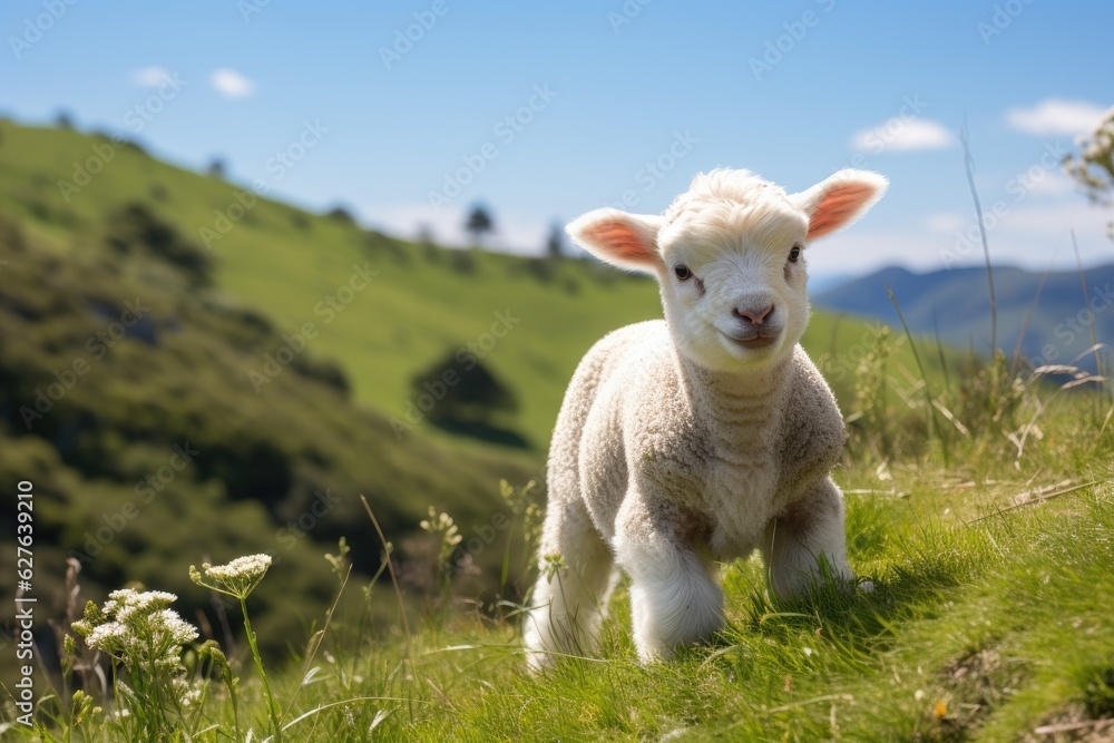 Lamb grazing on green grass meadow. Generative AI