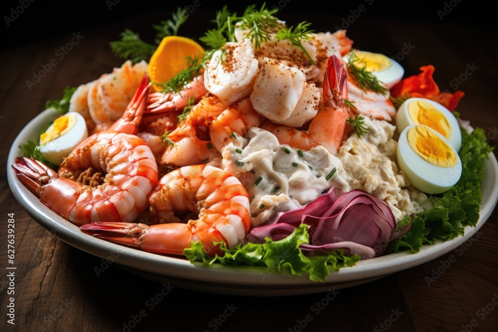 Food Surf and Turf salad with seafood and meat. Generative AI