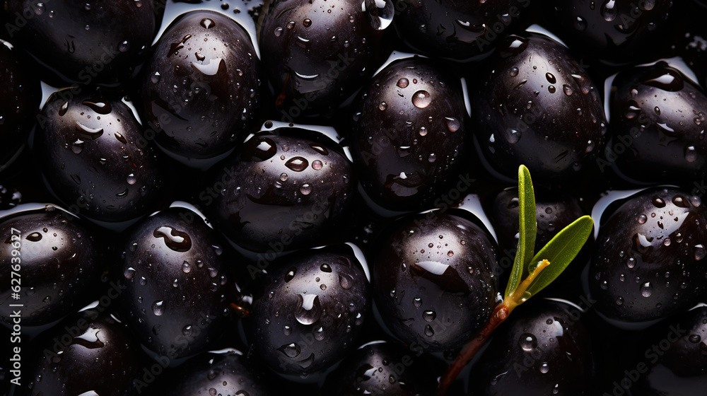 Black olives with leaves and water drops background. Vegetables backdrop. Generative AI