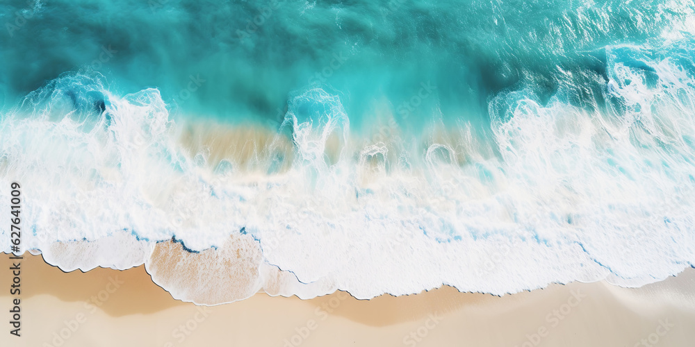 Top view oncoast with ocean waves. Blue water background. Summer seascape from air. Generative AI