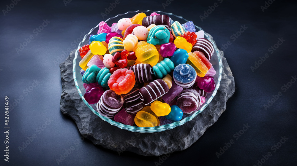 Top view on delicious multicolored candies on black rustic background. Generative AI