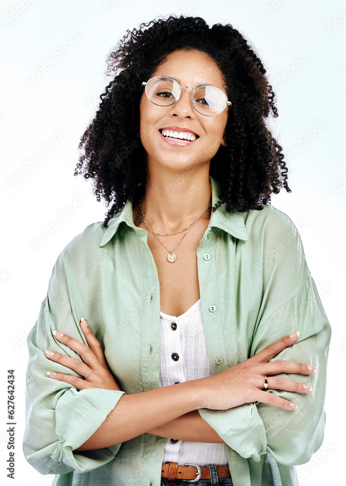 Woman, arms crossed and smile portrait of a creative writer in a studio with confidence and glasses.