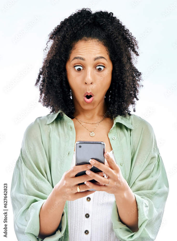 Phone, wow or woman with surprise gossip or fake news isolated on a white background in studio. Girl