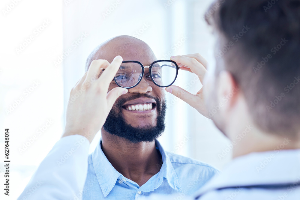 Smile, African man and optometrist with glasses for eye support and lens check at a doctor consultat