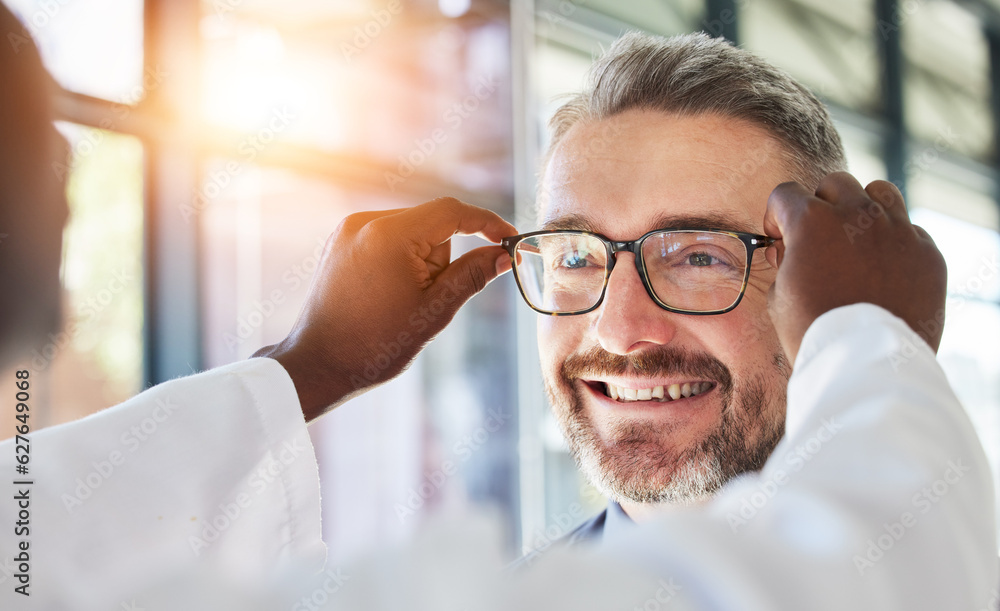 Optometry, doctor and glasses for happy man at a clinic for vision, healthcare and help with eye car