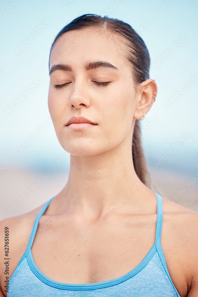 Calm, fitness and woman at beach for meditation, training the mind and exercise for zen. Yoga, natur