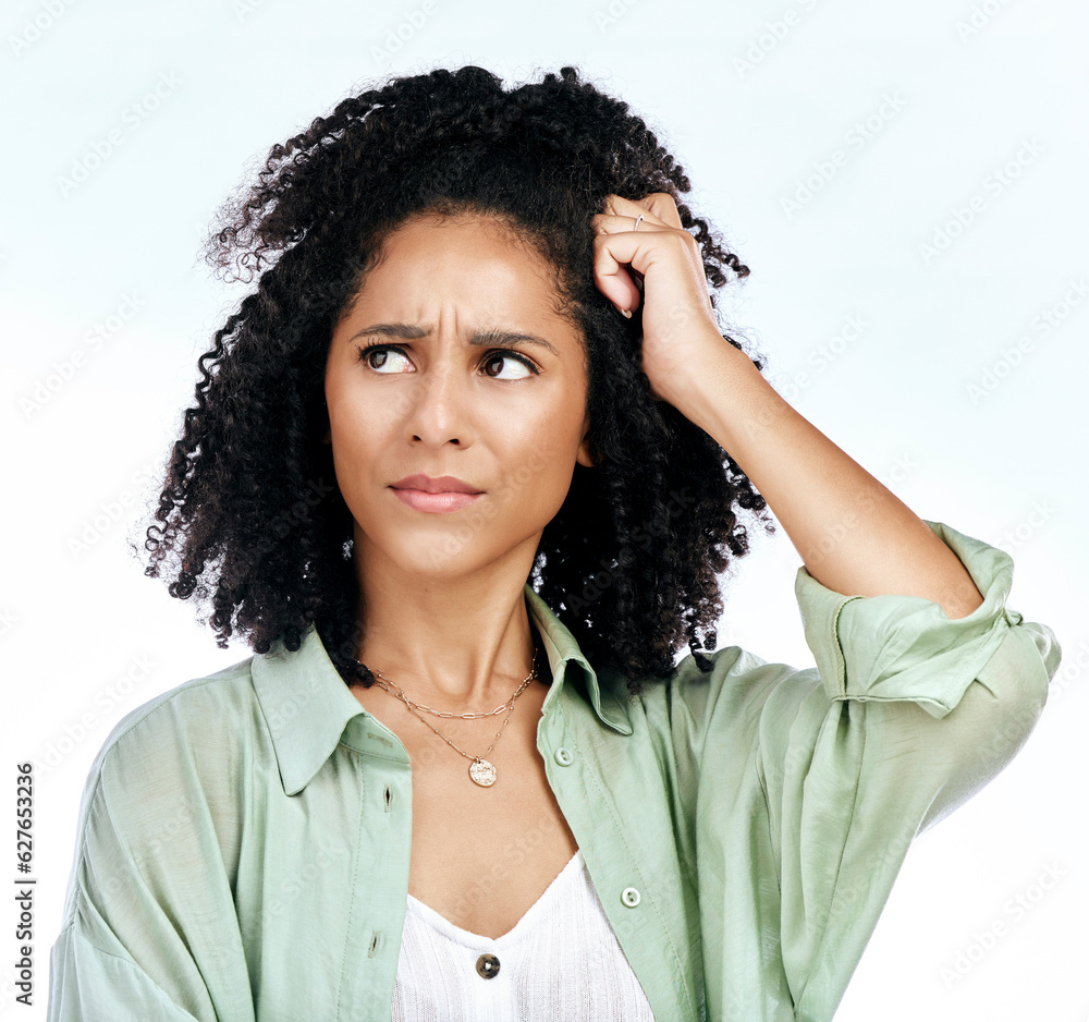 Woman, frustrated thinking and confused in studio with ideas, mistake and fail by white background. 