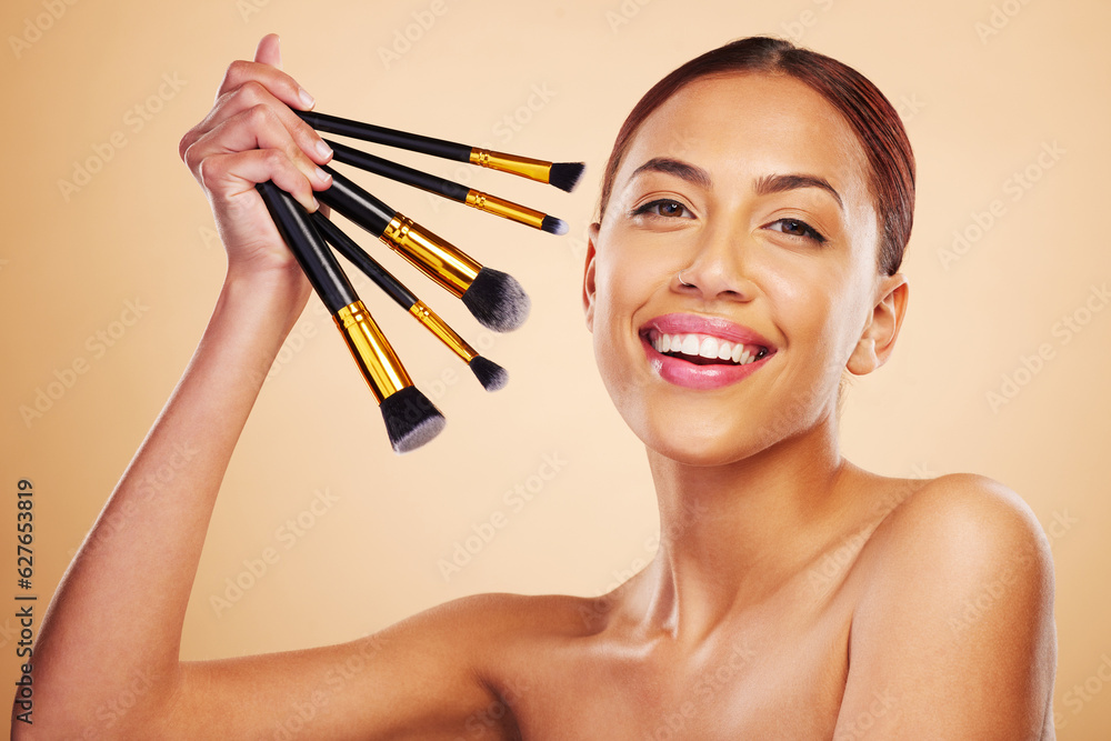 Makeup, brush and woman with cosmetic beauty product application for skincare isolated in a studio b