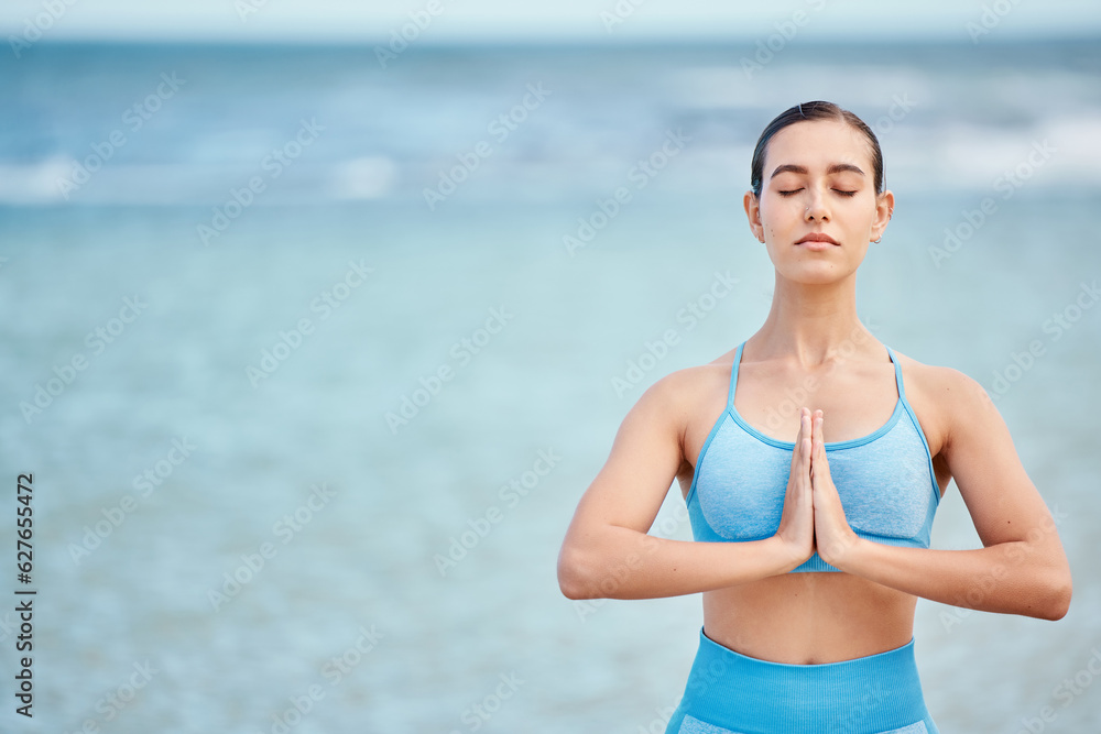 Meditation mockup, yoga and woman by beach with praying hands for wellness and healthy body on space