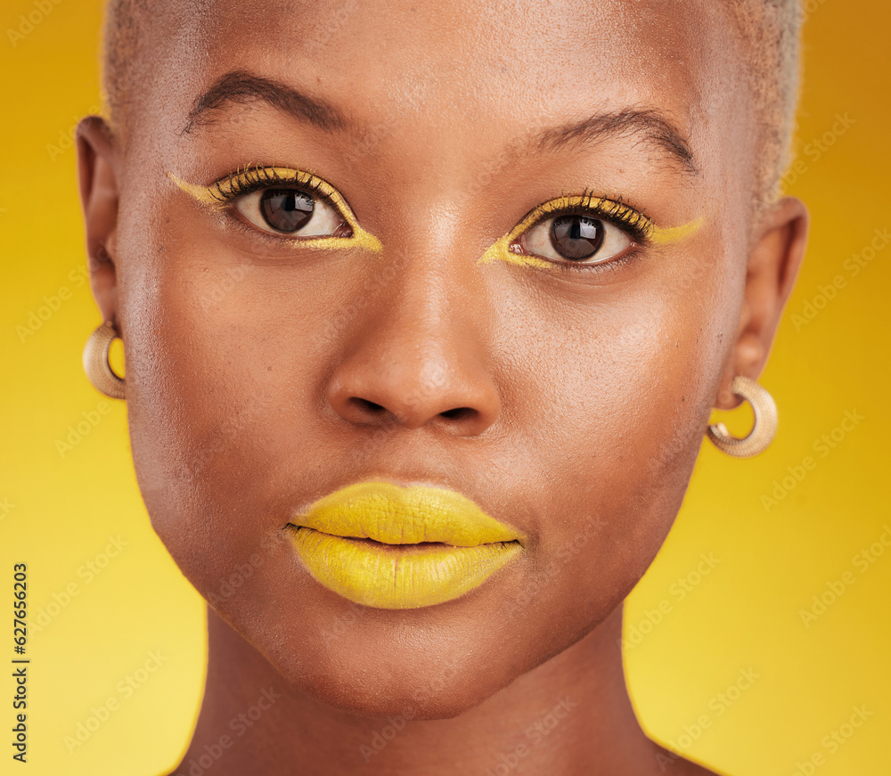 Creative, portrait and cosmetics with african girl with glow in closeup with yellow studio backgroun