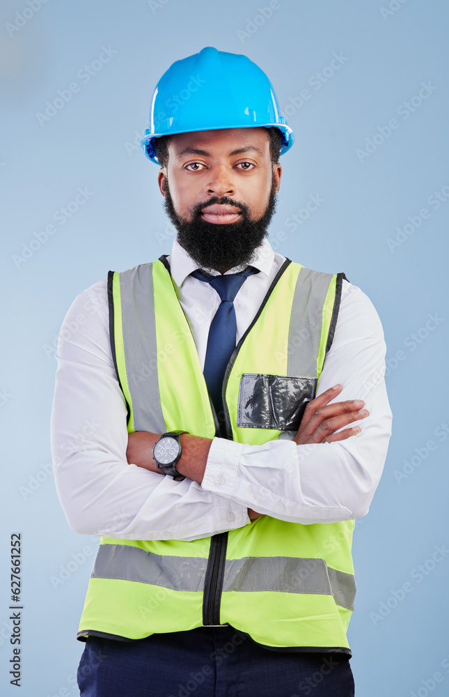 Engineering, man or serious portrait with arms crossed in studio in development, building constructi