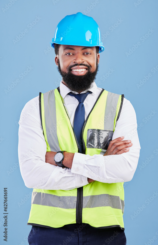 Happy black man, portrait and engineering with arms crossed in studio for safety inspection, mainten