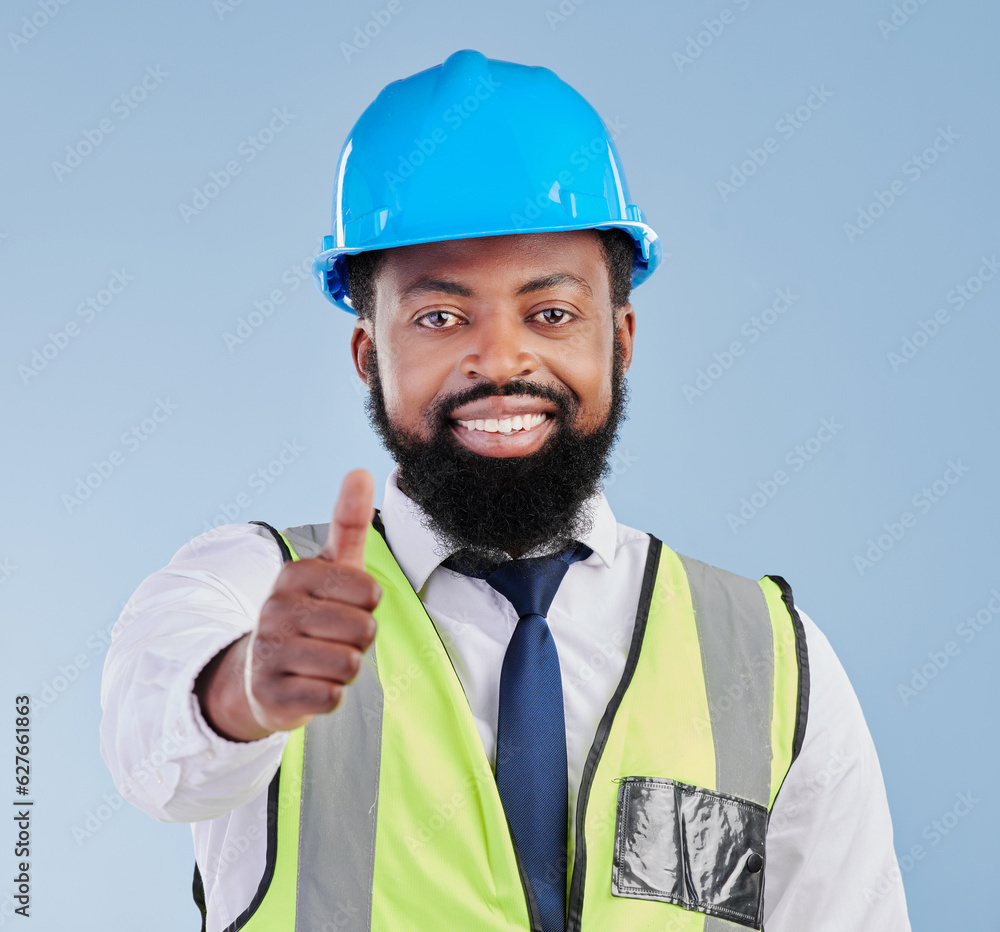 Portrait, engineering and black man with thumbs up for success, thank you or support of architect in