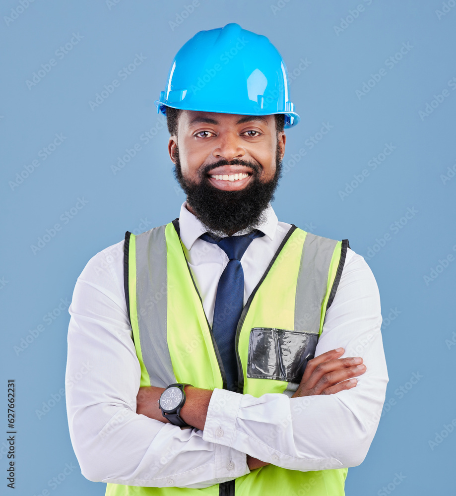 Engineer, happy black man and portrait with arms crossed in studio for building inspection, renovati