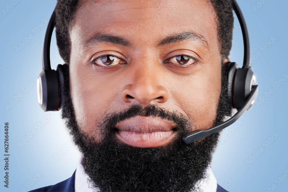 Customer service portrait, studio black man and serious consultant for tech support, help desk admin