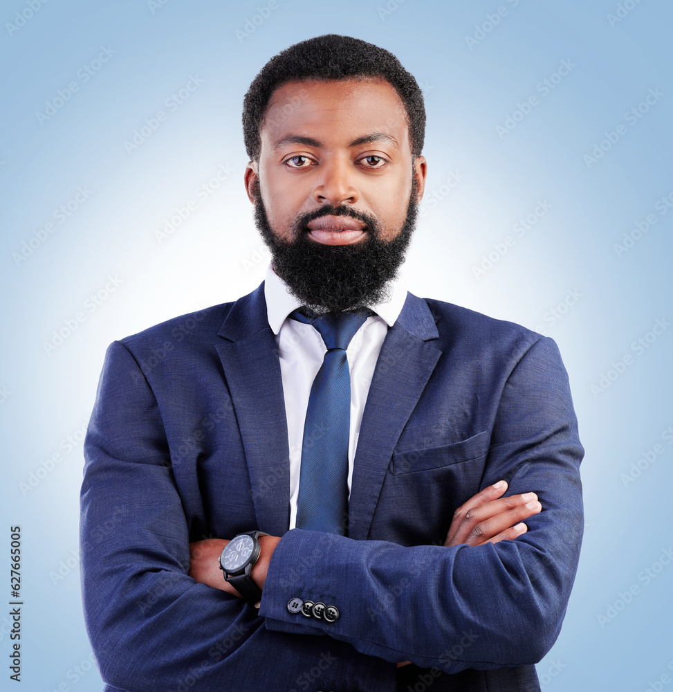 Serious, crossed arms and portrait of businessman in a studio with success, confidence and leadershi