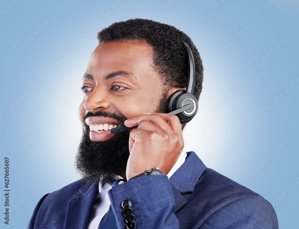 Customer service headset, happy black man and consulting about ecommerce service, help desk advice o