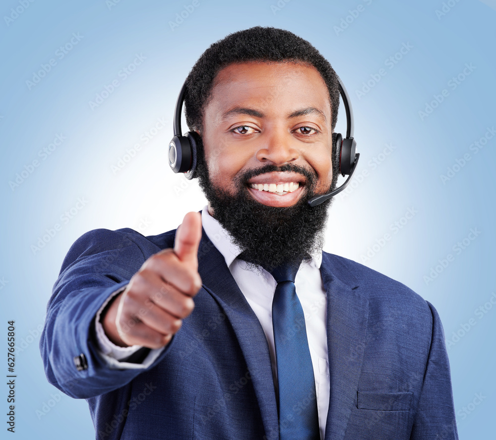 Customer support portrait, happy black man and thumbs up for telecom studio advice, thank you or sal