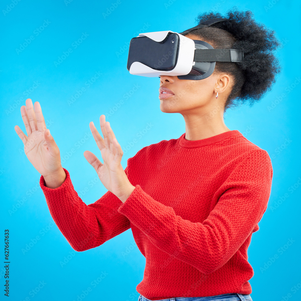 VR, metaverse and digital glasses with woman and video gaming for augmented reality. Studio, female 