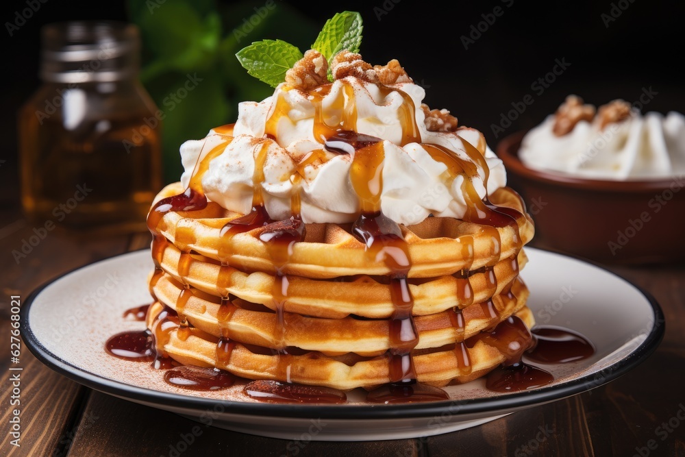 Pancakes with maple syrup, waffles with whipped cream. Generative AI