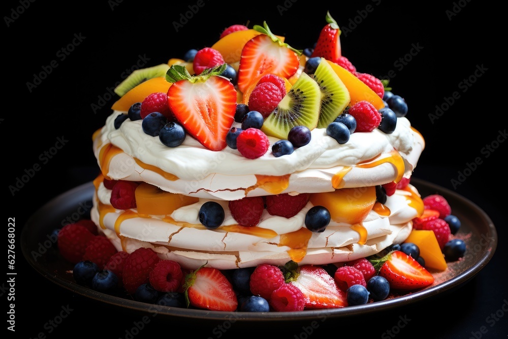 Pavlova cake topped with fruit. Generative AI