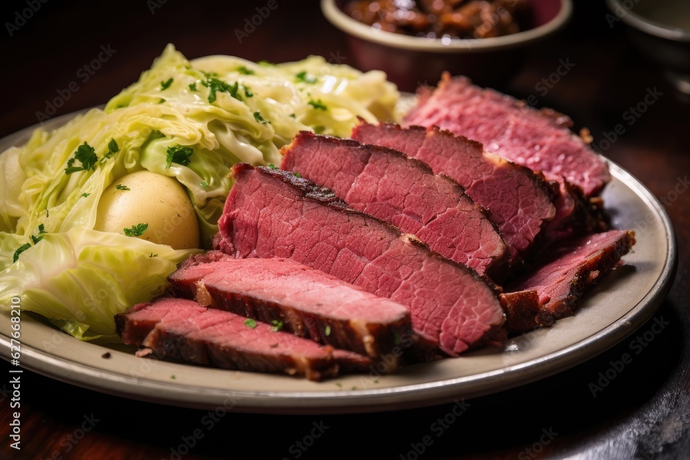 Corned beef is served with mashed potatoes. Generative AI