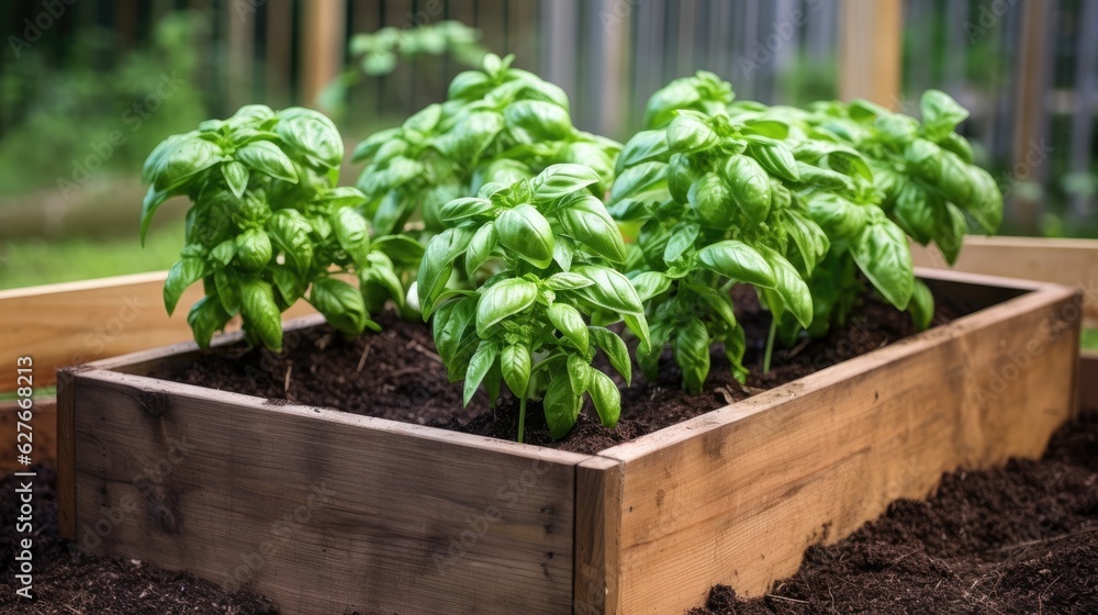 Green basil growing in raised beds in garden. Generative AI