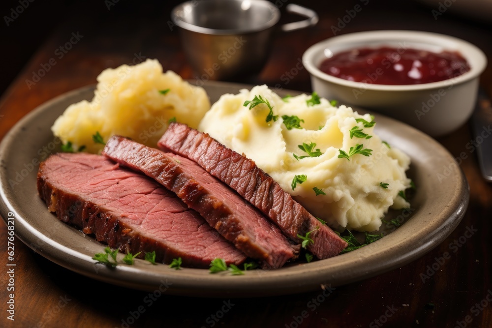 Corned beef is served with mashed potatoes. Generative AI