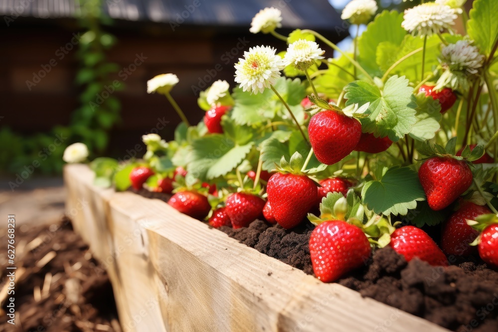 Red strawberries agriculture harvesting. Generative AI