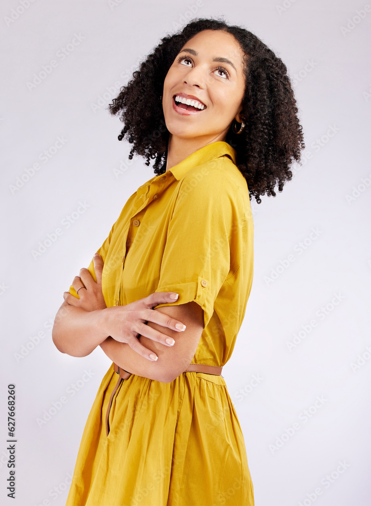 Thinking, fashion and woman in studio with an idea and positive mindset isolated on a white backgrou