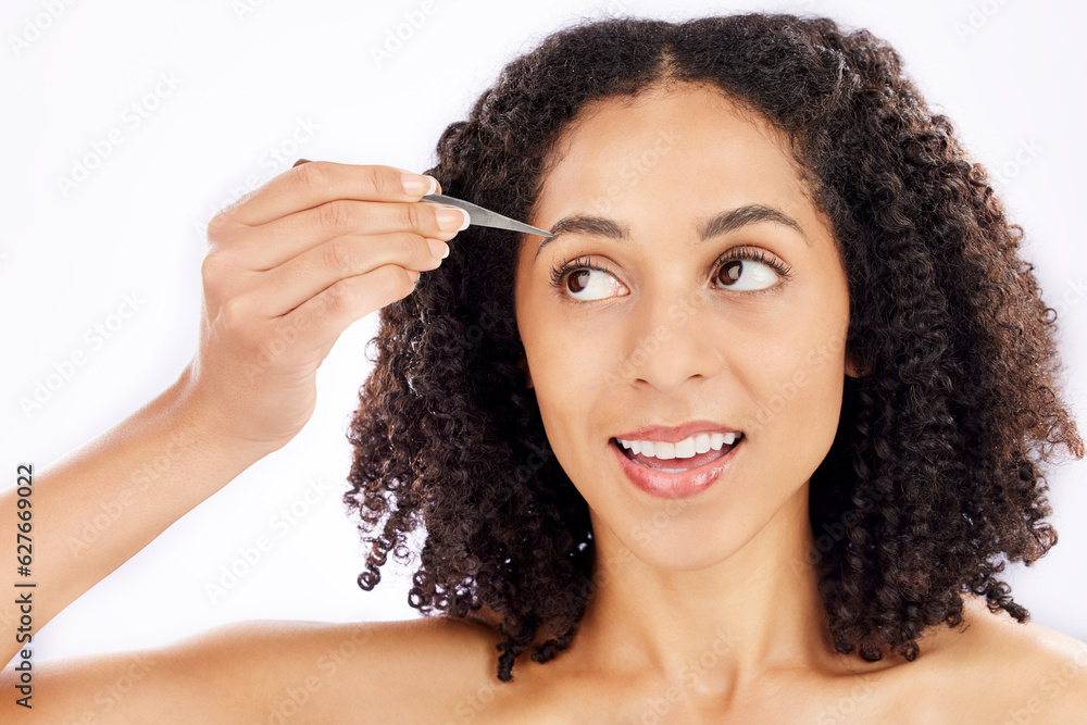 Woman, beauty and face with tweezers for eyebrow in studio, white background and aesthetic change. F