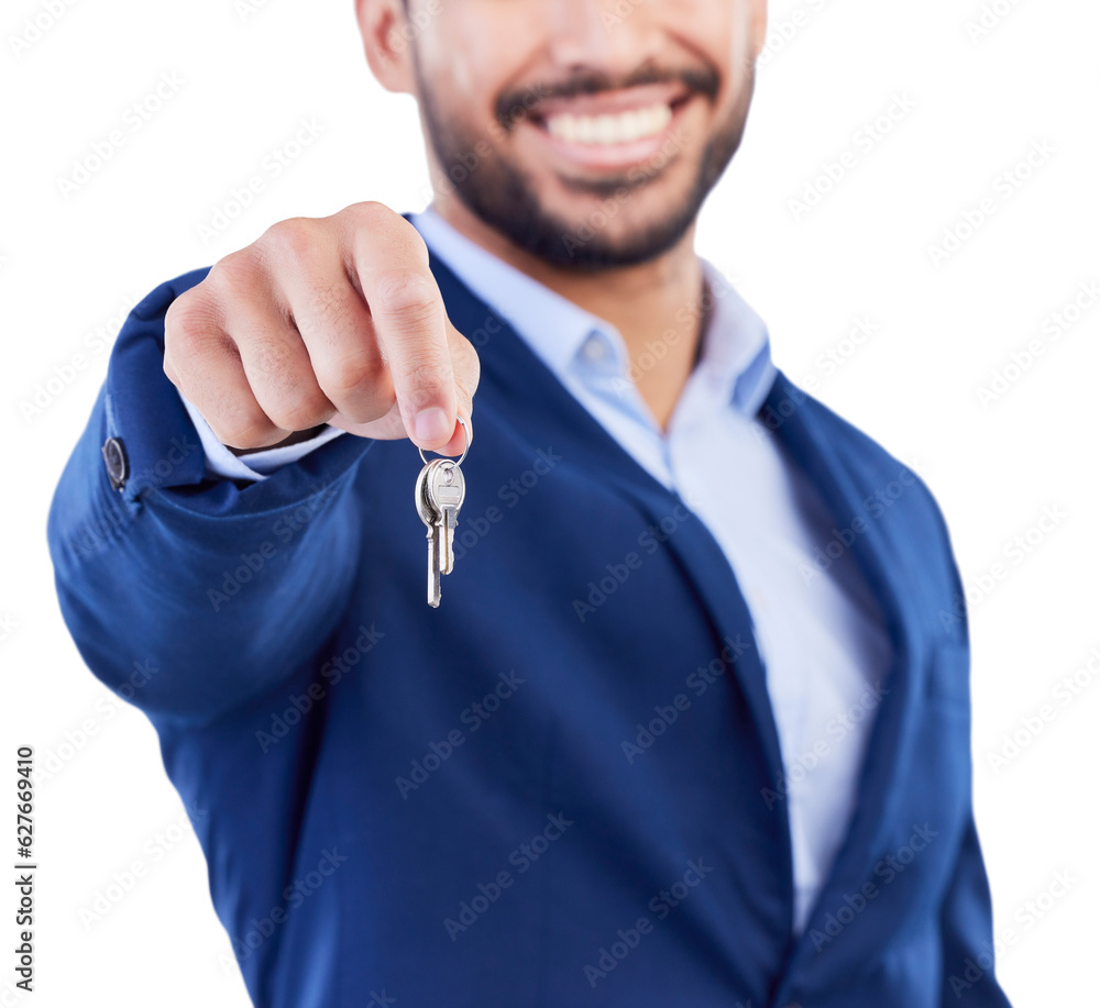 Keys, studio hands and happy man, realtor or salesman for new house investment, property payment or 