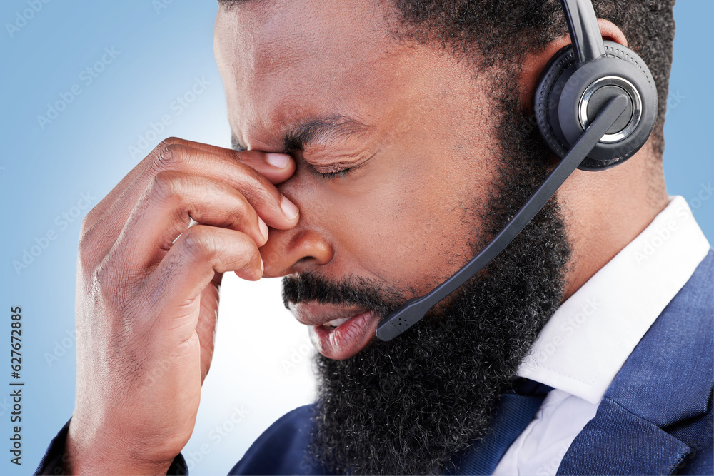 Customer service face, studio black man and sad over consultation mistake, help desk problem or tele