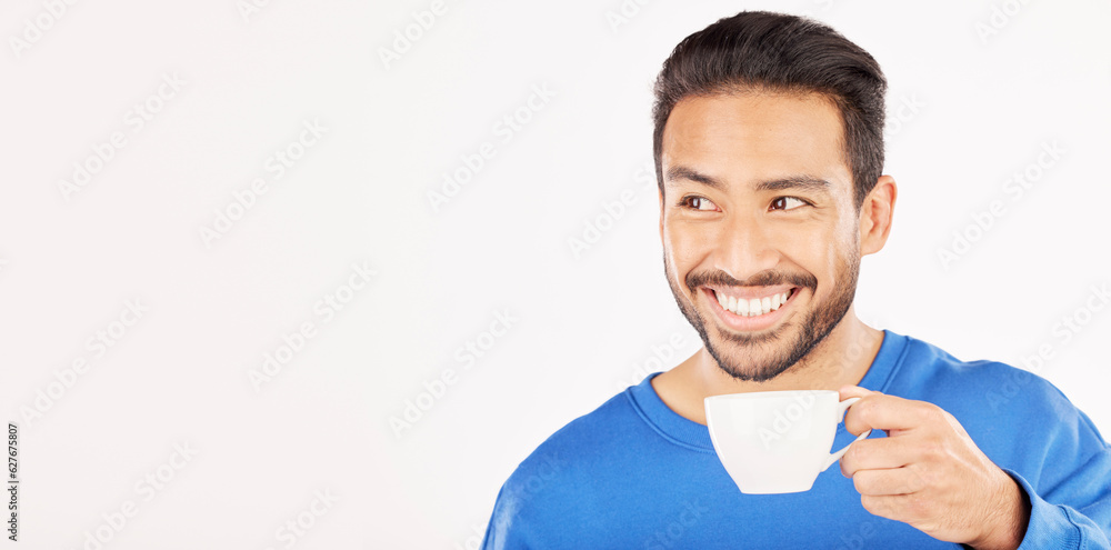 Happy asian man, coffee and thinking on mockup space for morning drink against a white studio backgr