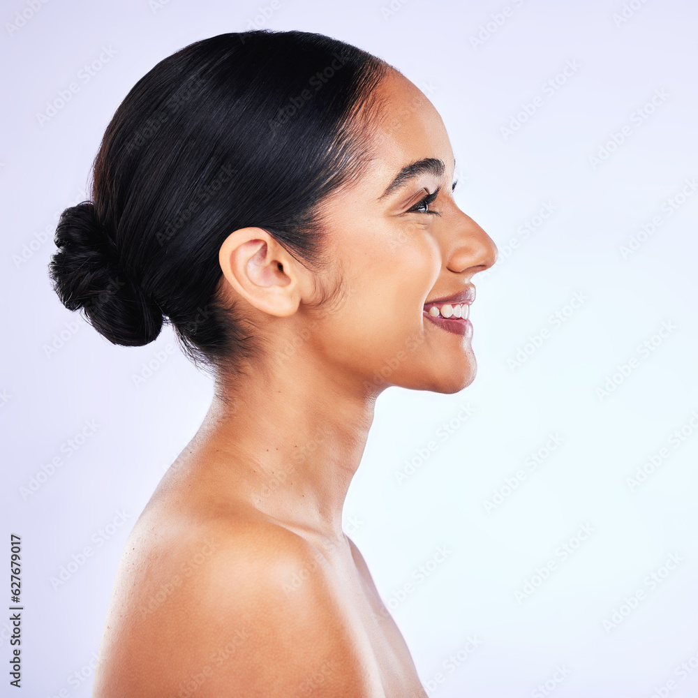 Skincare, profile and happy Indian woman in studio for body care, cosmetics and results on white bac