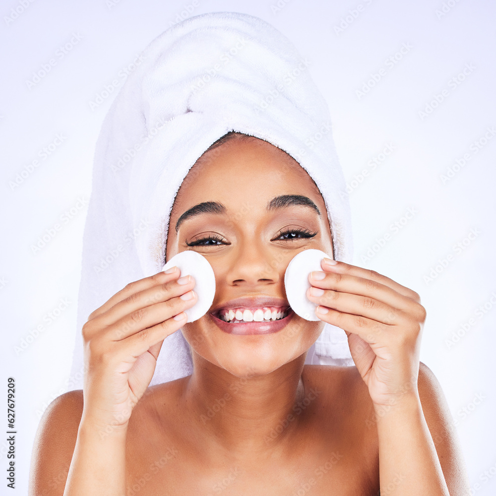 Skincare, cotton and woman portrait in studio for makeup removal, toner or hydration on white backgr