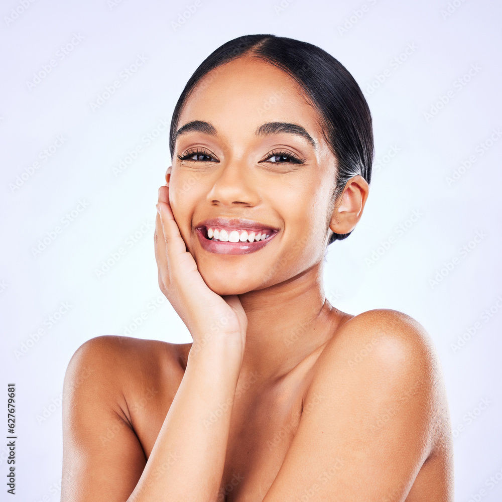 Portrait, aesthetic and skincare with a model woman in studio on a white background for natural well