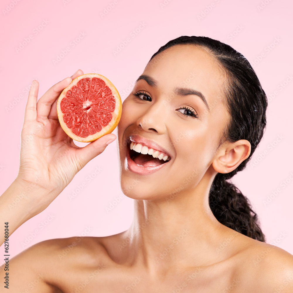 Grapefruit, beauty and face of happy woman with skin care, dermatology or natural glow. Portrait of 