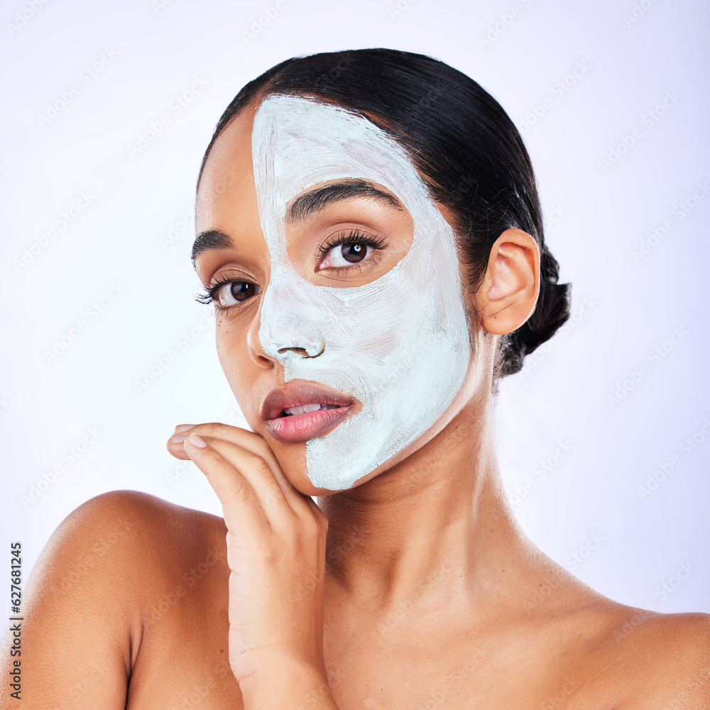 Face mask, portrait and woman in studio with skincare, result or dermatology wellness on grey backgr