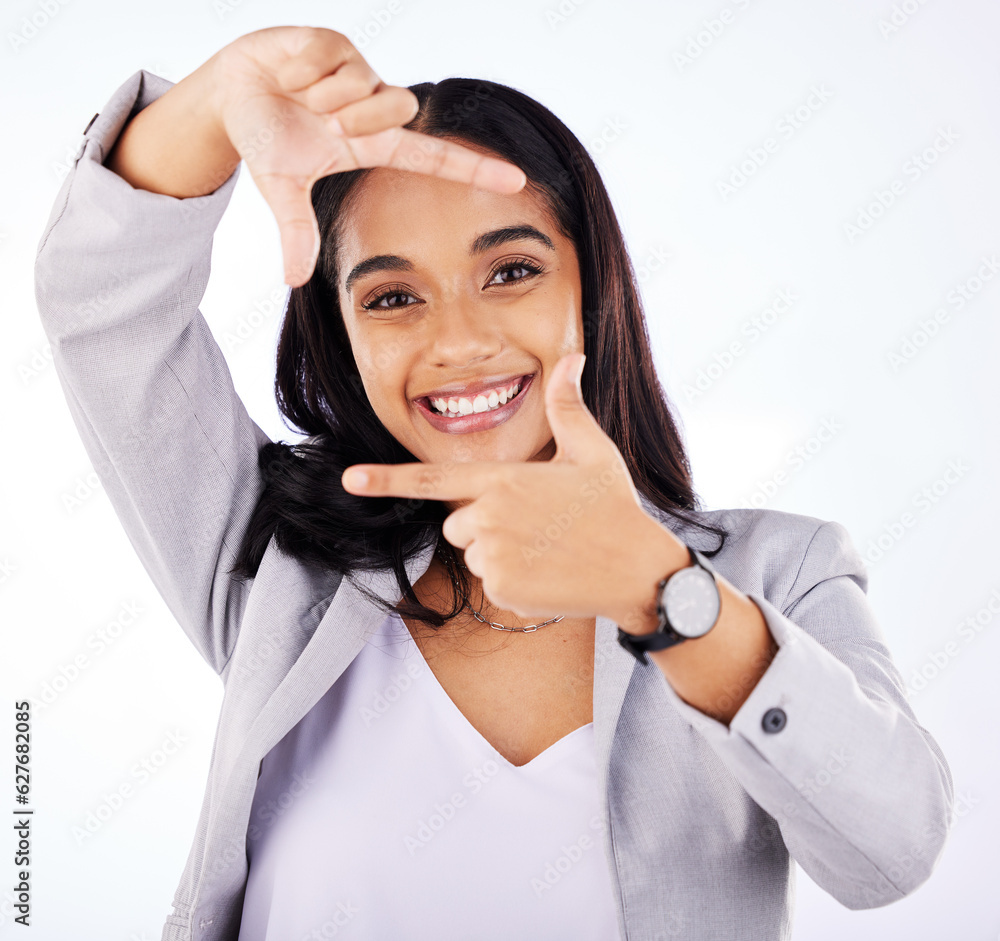 Finger framing, portrait and business woman in studio, white background or creative profile picture.