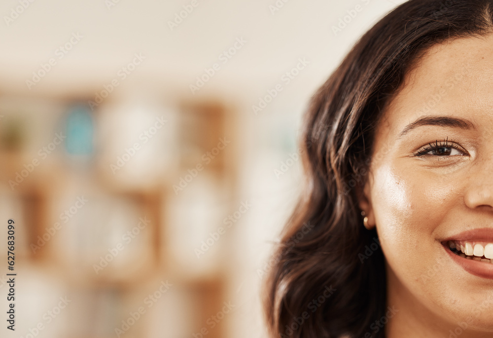 Happy, portrait and face of a young woman with a smile, makeup and cosmetics with space. Beauty, hal